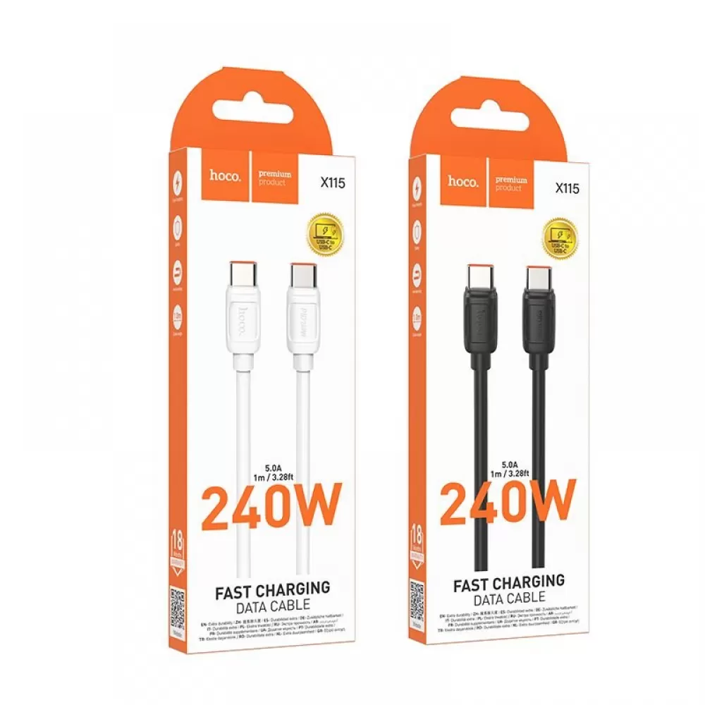 Kabl USB-C (Type C) na USB-C (Type C) Hoco PD 5A 240W 1 m X115 crni