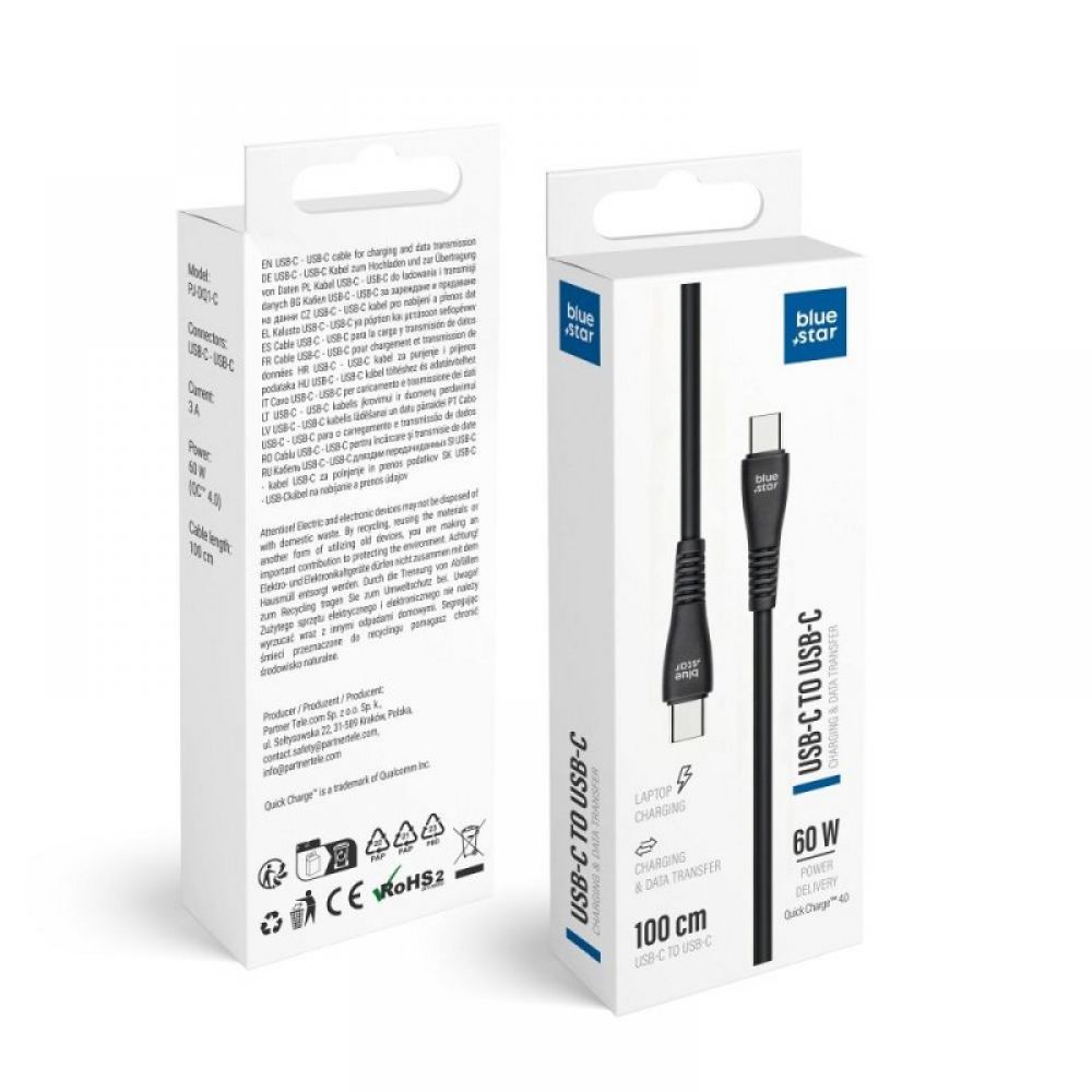 Kabl USB-C (Type C) na USB-C (Type C) Blue Star 3A 60W QC4.0 1 m PJ-DQ1-C crni