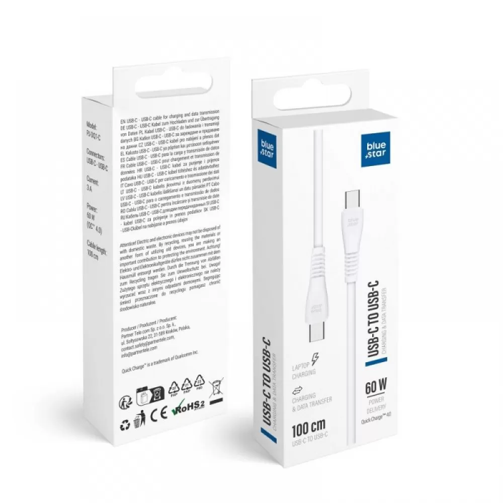 Kabl USB-C (Type C) na USB-C (Type C) Blue Star 3A 60W QC4.0 1 m PJ-DQ1-C beli