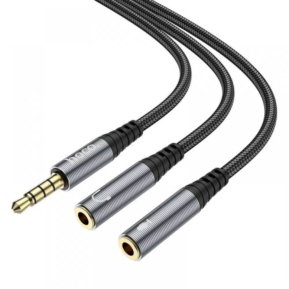 AUX kabl 2u1 3,5 mm (muski) na 2 x 3,5 mm (zenski) Hoco 0,25 m UPA21 metalno sivi