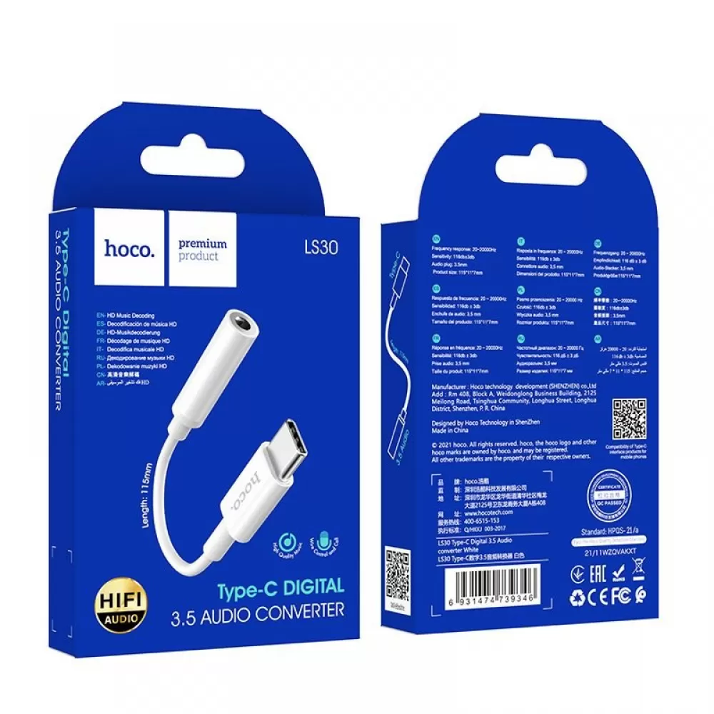 AUX adapter USB-C (Type C) na 3,5 mm Hoco LS30 beli