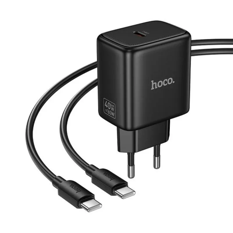 GaN kucni punjac Hoco USB-C (Type C) PD AVS 40W (maks. 60W) sa USB-C (Type C) na USB-C (Type C) kablom N83 crni