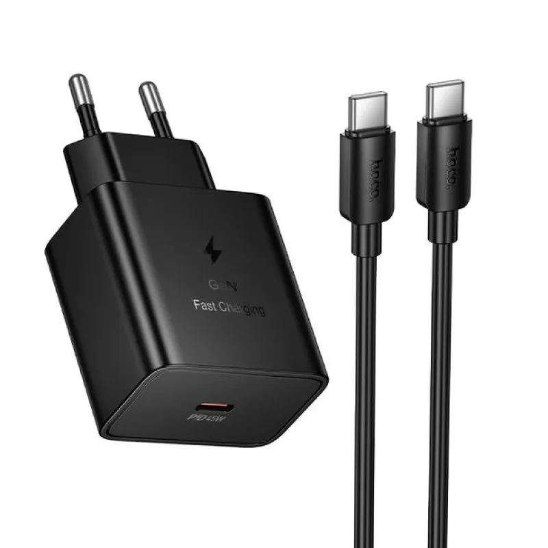 Kucni punjac Hoco USB-C (Type C) QC PD 45W + kabl USB-C (Type C) na USB-C (Type C) N77 crni
