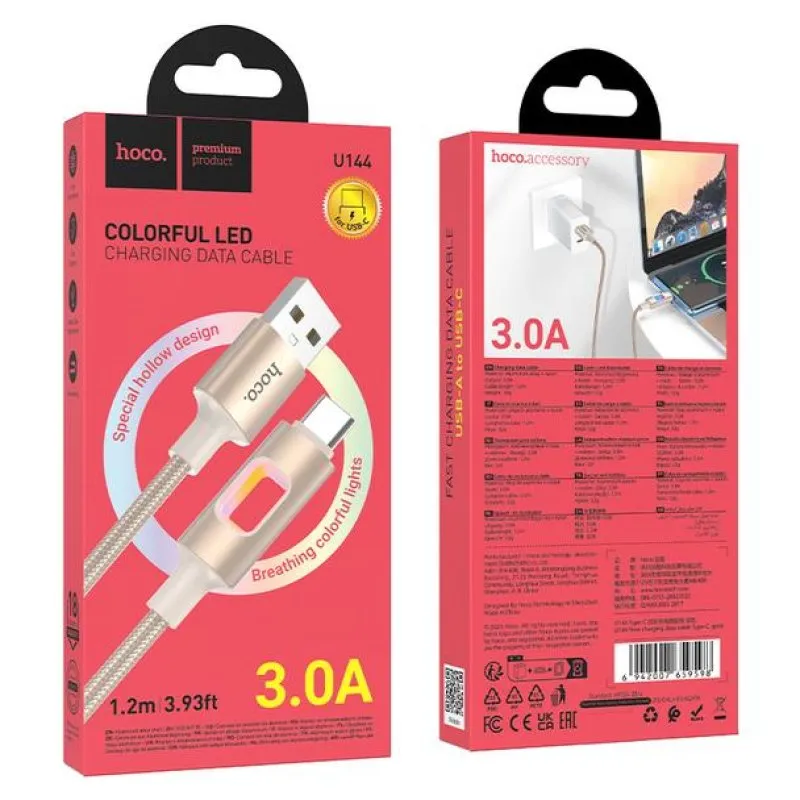 LED kabl USB-A na USB-C (Type C) Hoco 3A 1,2 m U144 beli