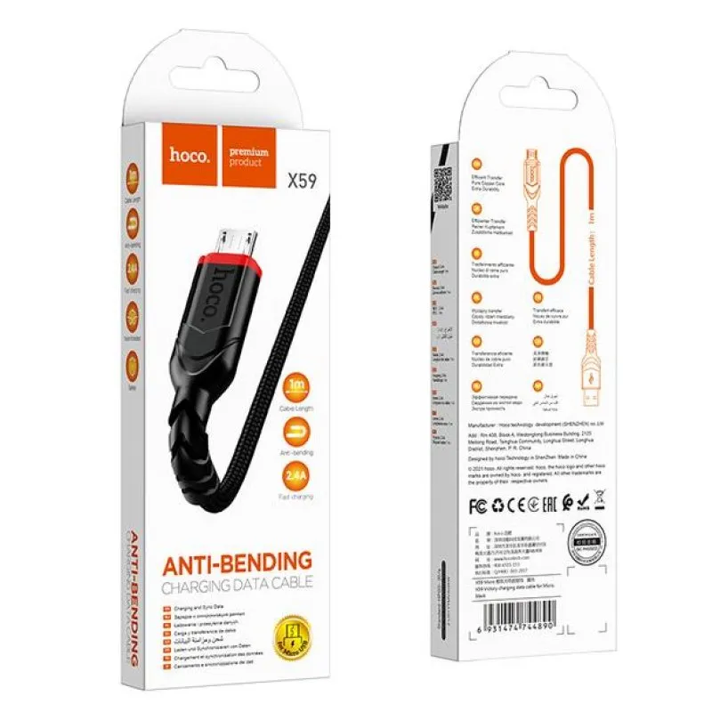 Kabl USB-A na Micro USB Hoco 2,4A 3 m X59 crni