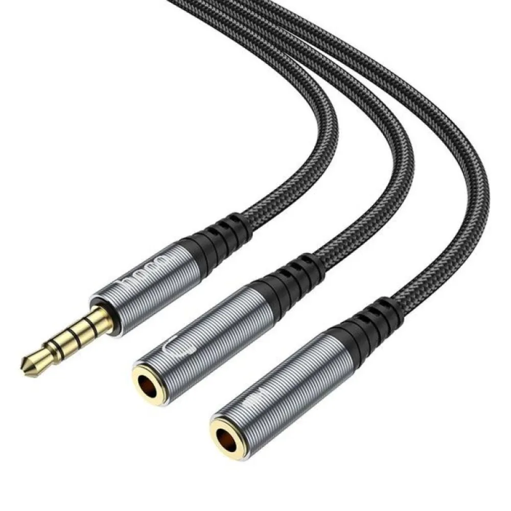AUX kabl 2u1 3,5 mm (muski) na 2 x 3,5 mm (zenski) Hoco 0,25 m UPA21 metalno sivi