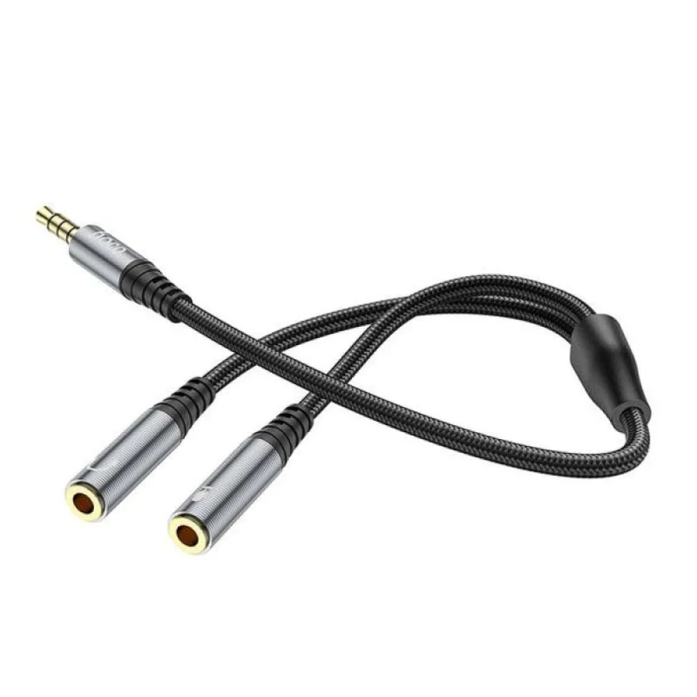 AUX kabl 2u1 3,5 mm (muski) na 2 x 3,5 mm (zenski) Hoco 0,25 m UPA21 metalno sivi