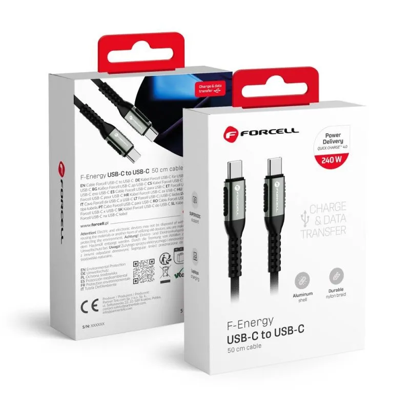 USB C na USB C kabl Forcell F-Energy QC4.0 PD 5A 240W Cafule 0,5 m C263 crni