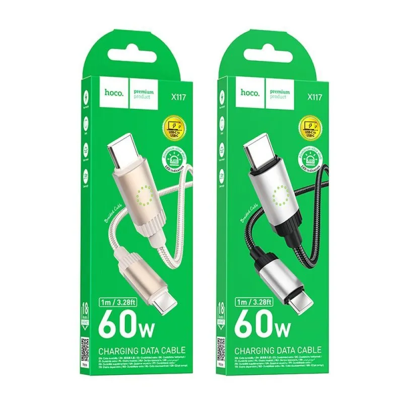 USB C na USB C kabl Hoco 3A 60W 1 m X117 crni