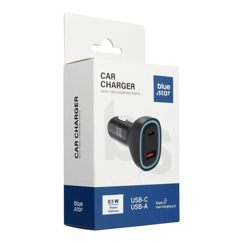Auto punjac BLUE STAR 3A 63W USB C + USB A PD QC3.0 AFC PPS SFC2.0 crni
