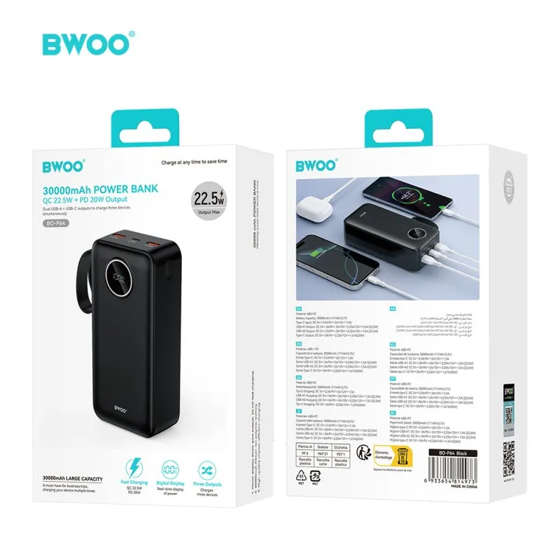 BWOO Powerbank 22,5W 30000 mAh sa LCD ekranom crni