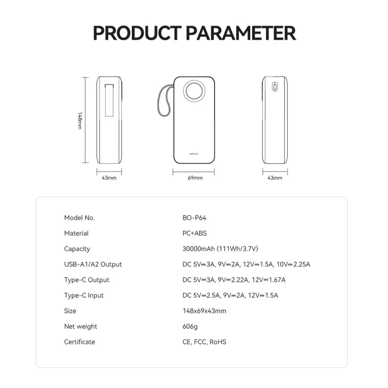 BWOO Powerbank 22,5W 30000 mAh sa LCD ekranom beli