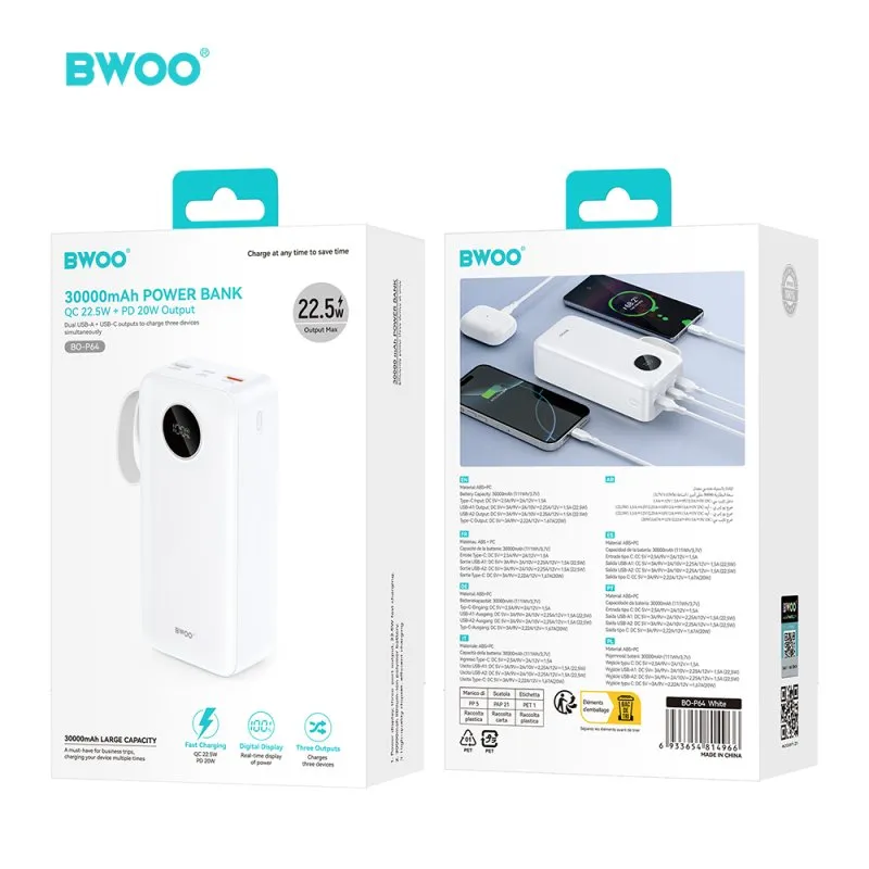 BWOO Powerbank 22,5W 30000 mAh sa LCD ekranom beli
