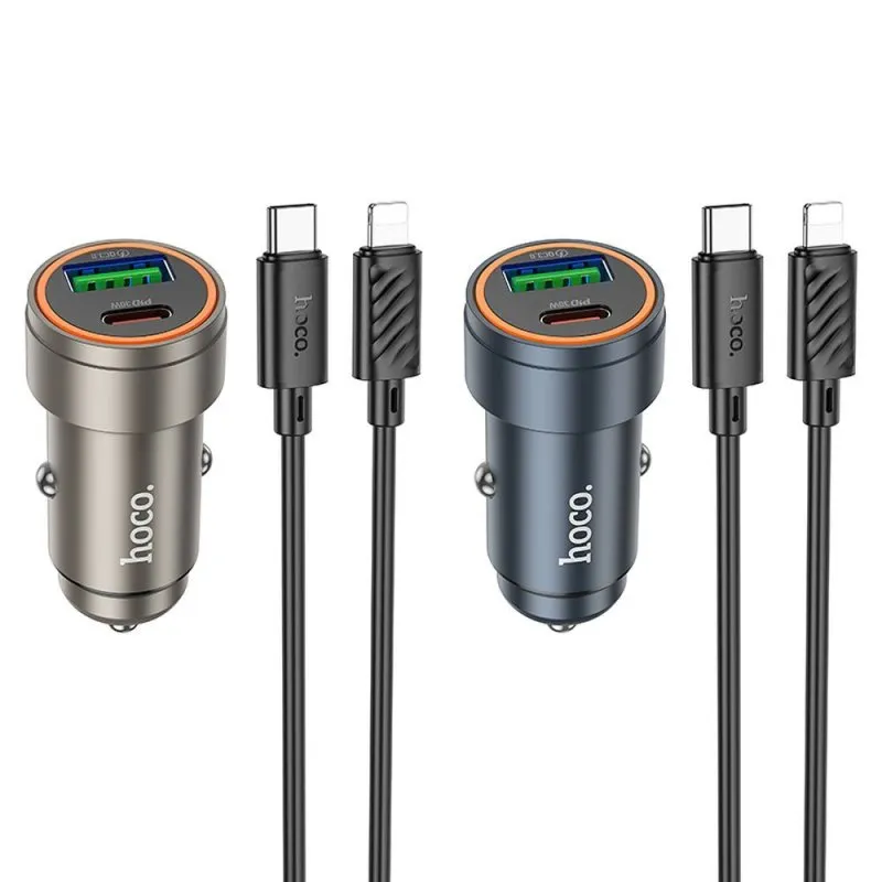 Auto punjac Hoco USB-A + Type C QC3.0 PD 30W + kabl Type C na Lightning Z57A crni