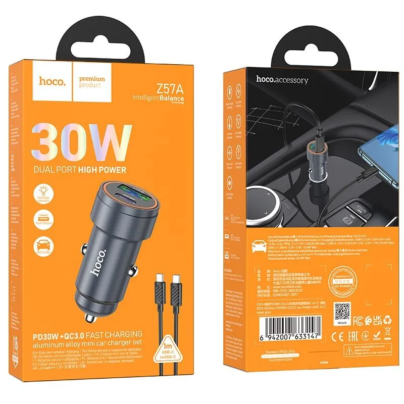 Auto punjac Hoco USB-A + Type C QC3.0 PD 30W + kabl Type C na Type C Z57A crni
