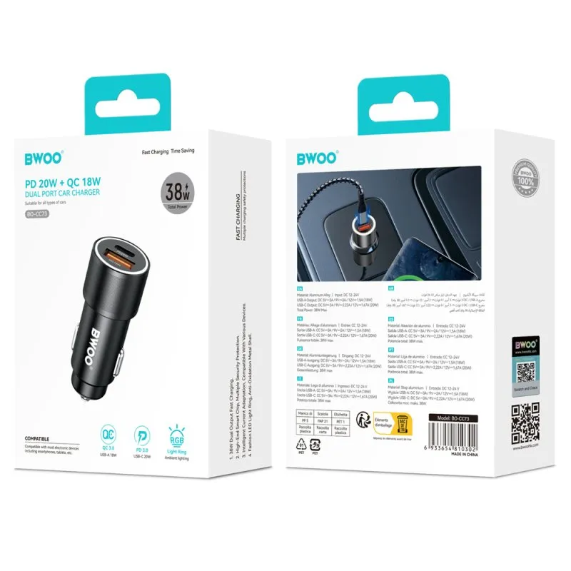 Auto punjac BWOO BO-CC73 PD 38W 1x USB-C / 1x USB-A srebrni