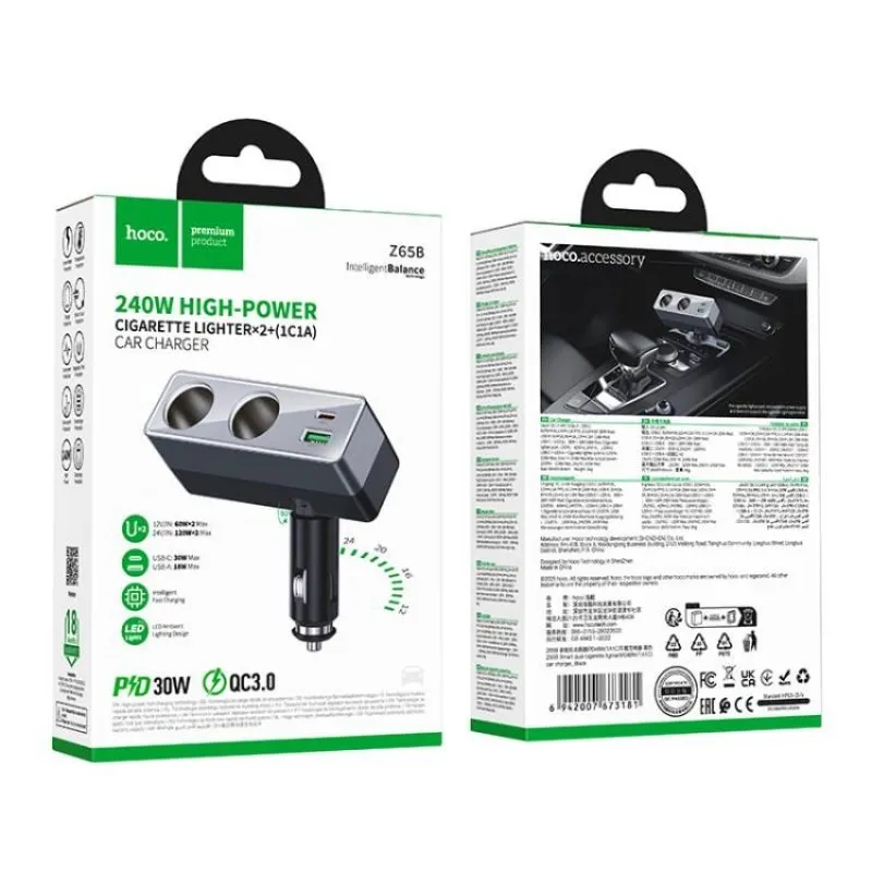 Auto punjac Hoco USB-A + USB-C + 2x prikljucak za upaljac PD QC3.0 max 240W/24V Z65B crni