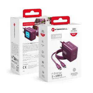 Kucni punjac Forcell F-Energy GaN III Crystal Color 2x Type C AVS SSFC3.0 60W + silikonski kabl Type C na Type C VT-60 bordo