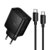 Kucni punjac Hoco 2x USB-C + USB-A QC3.0 PD 3A 65W + data kabl USB-C na USB-C N75 crni