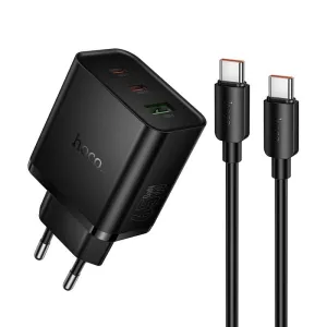 Kucni punjac Hoco 2x USB-C + USB-A QC3.0 PD 3A 65W + data kabl USB-C na USB-C N75 crni