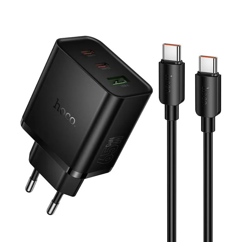 Kucni punjac Hoco 2x USB-C + USB-A QC3.0 PD 3A 65W + data kabl USB-C na USB-C N75 crni