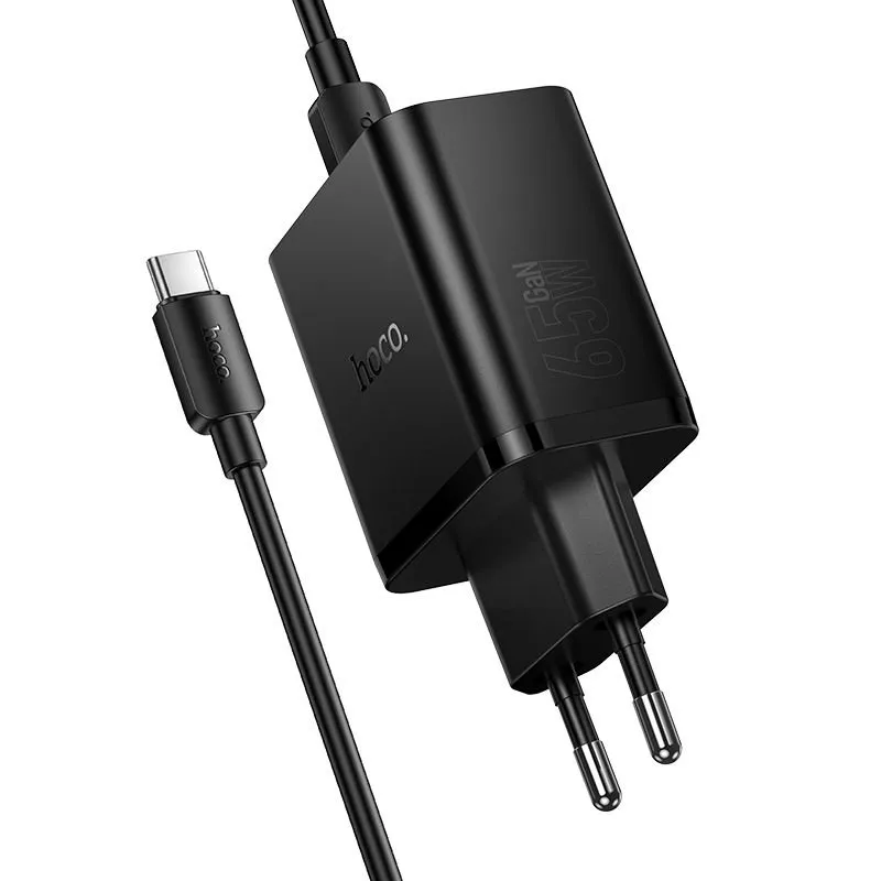 Kucni punjac Hoco 2x USB-C + USB-A QC3.0 PD 3A 65W + data kabl USB-C na USB-C N75 crni