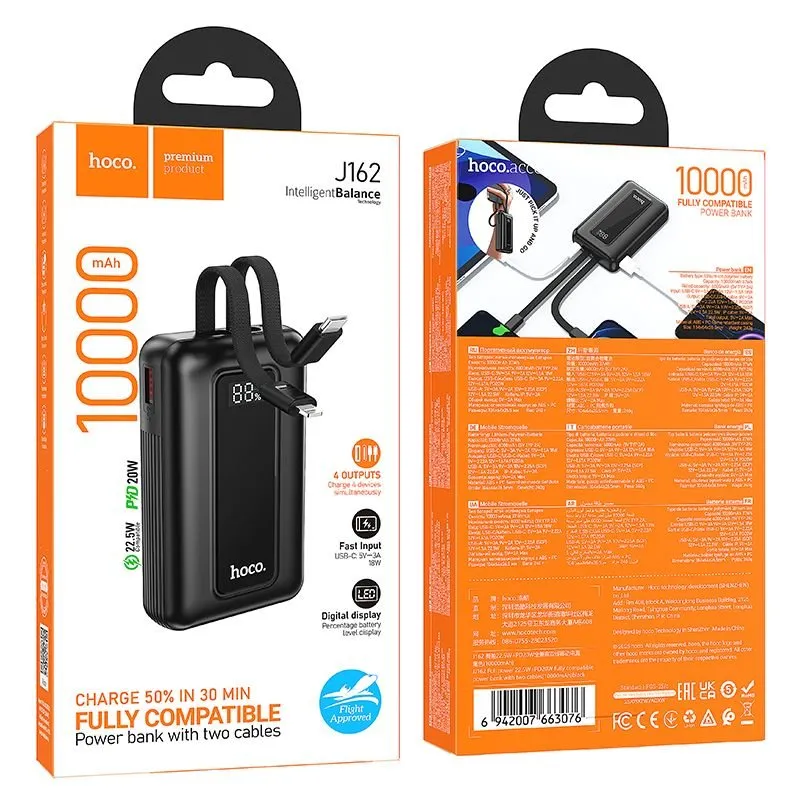 Power bank Hoco 10000 mAh QC PD 22,5W sa ugrađenim USB-C i Lightning kablovima J162 crni