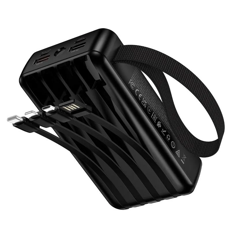 Power bank Hoco 20000 mAh QC PD 22,5W sa ugrađenim USB-A, USB-C, Lightning i Micro USB kablovima i dve lampe J173 crni