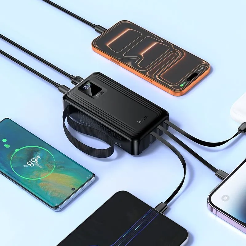 Power bank Hoco 20000 mAh QC PD 22,5W sa ugrađenim USB-A, USB-C, Lightning i Micro USB kablovima i dve lampe J173 crni