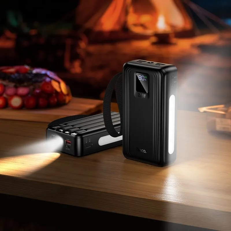 Power bank Hoco 20000 mAh QC PD 22,5W sa ugrađenim USB-A, USB-C, Lightning i Micro USB kablovima i dve lampe J173 crni