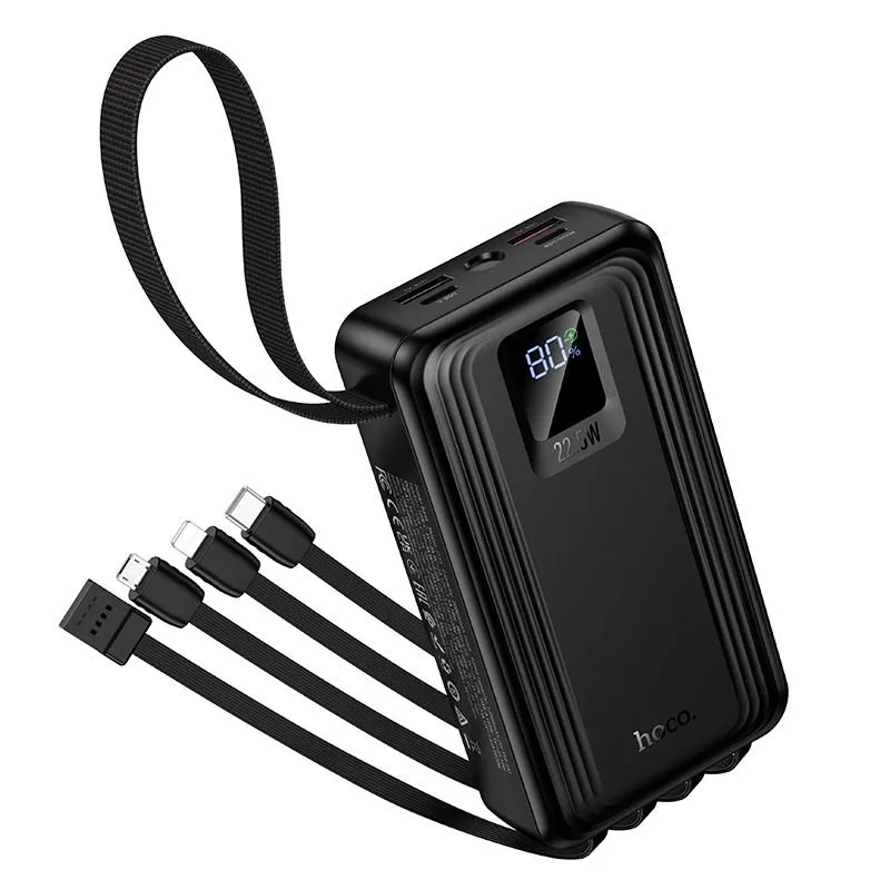 Power bank Hoco 20000 mAh QC PD 22,5W sa ugrađenim USB-A, USB-C, Lightning i Micro USB kablovima i dve lampe J173 crni