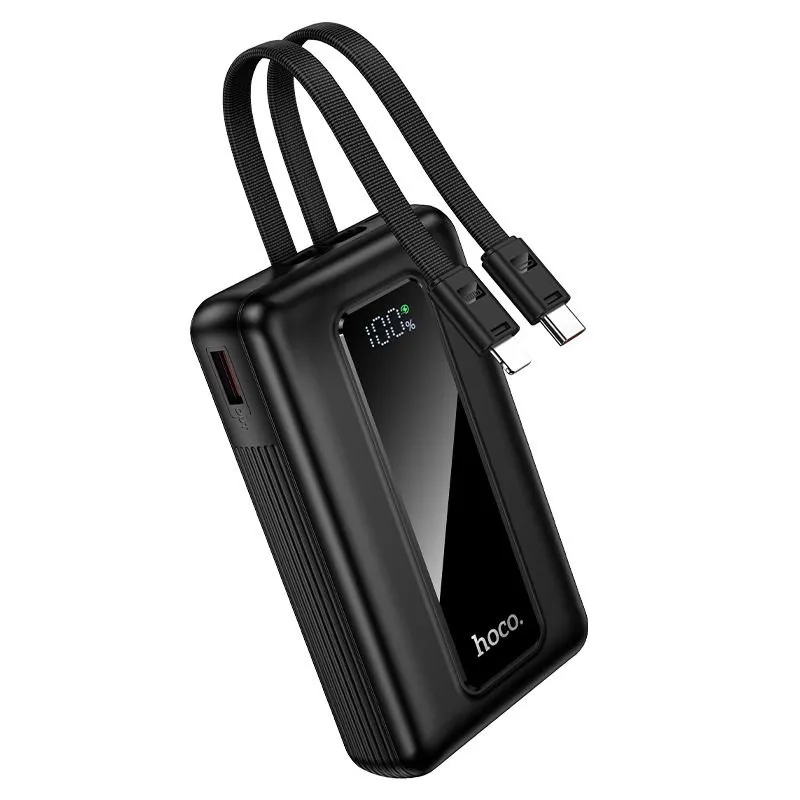 Power bank Hoco 20000 mAh QC PD 22,5W sa ugrađenim USB-C i Lightning kablovima J162A crni