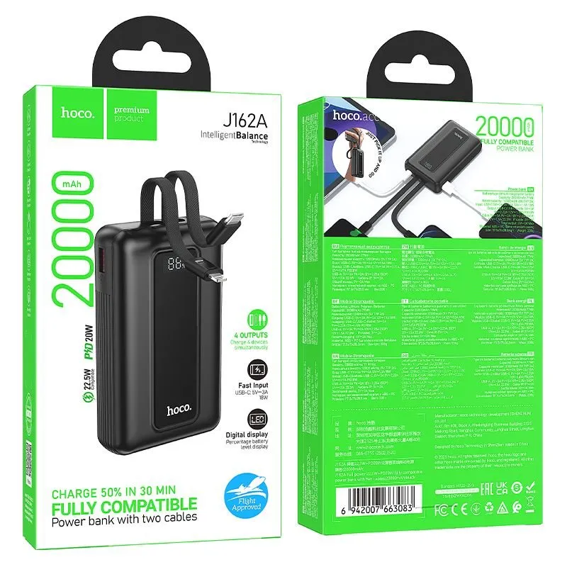 Power bank Hoco 20000 mAh QC PD 22,5W sa ugrađenim USB-C i Lightning kablovima J162A crni