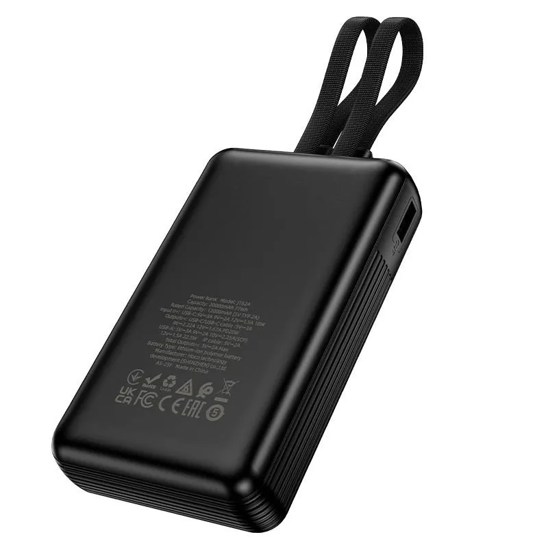 Power bank Hoco 20000 mAh QC PD 22,5W sa ugrađenim USB-C i Lightning kablovima J162A crni