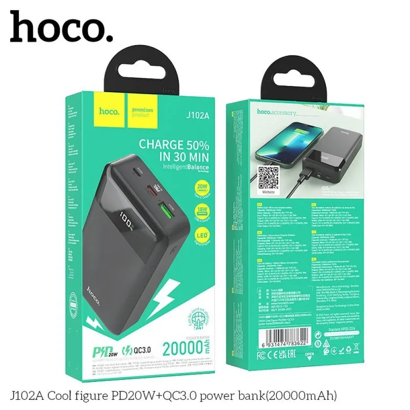 Power bank Hoco 20000 mAh QC3.0 PD 3A 20W J102A crni