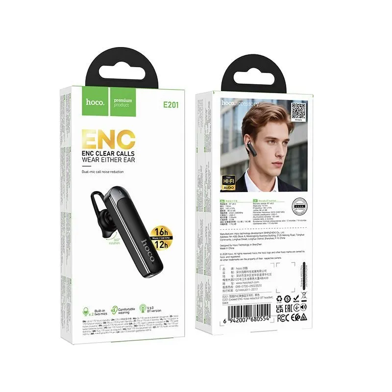 Bezicna mono slusalica Hoco E201 ENC Bluetooth 6.0 130 mAh crna