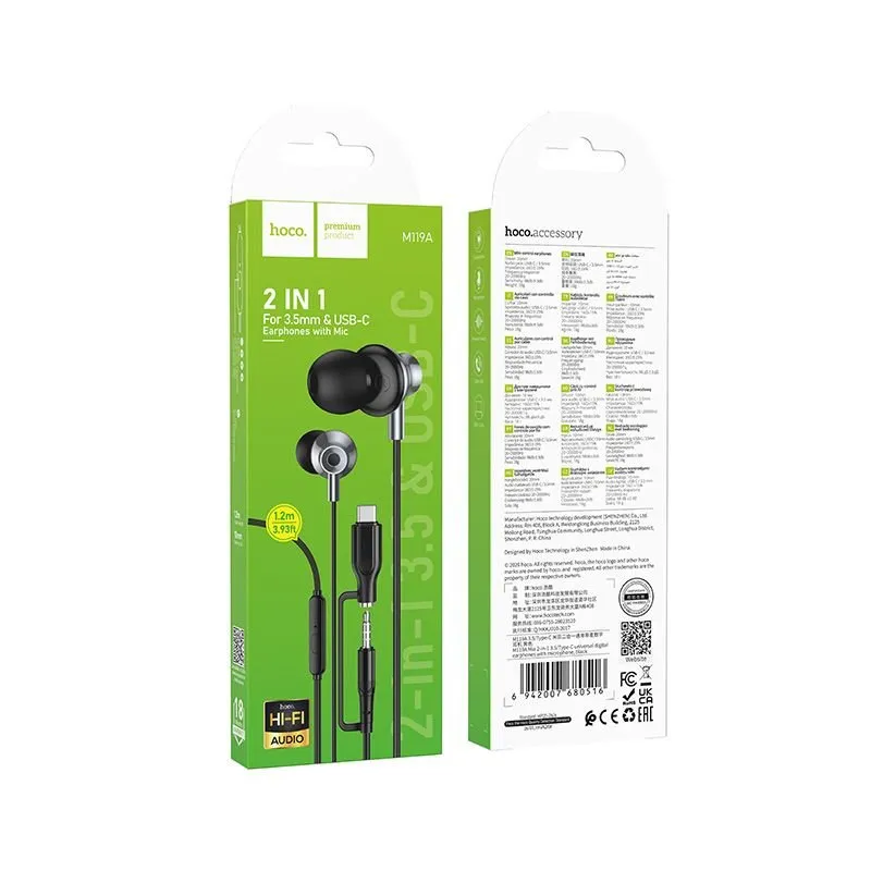 zicane slusalice sa mikrofonom Jack 3,5 mm/ USB-C Hoco M119A crna