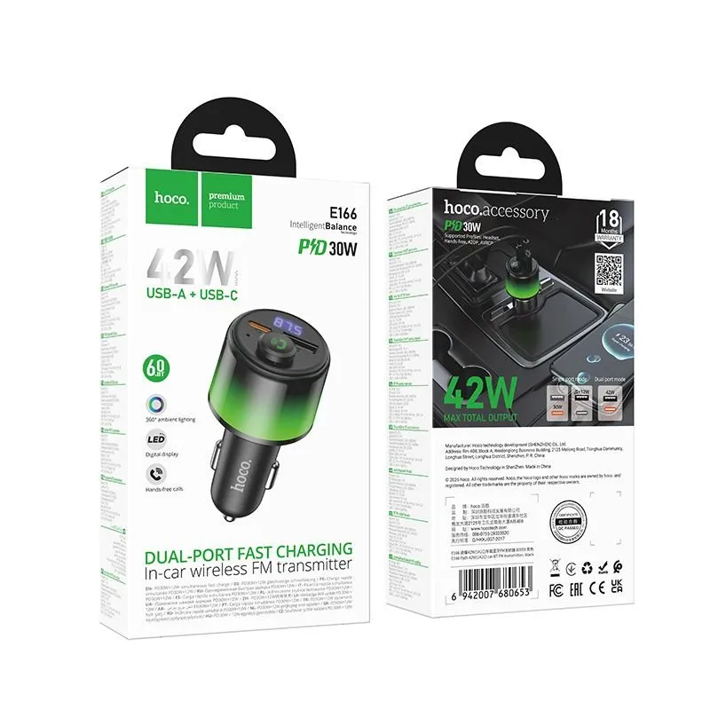 Bluetooth FM transmiter za auto Hoco 2 x USB-A + USB-C QC3.0 PD 42W E166 crna